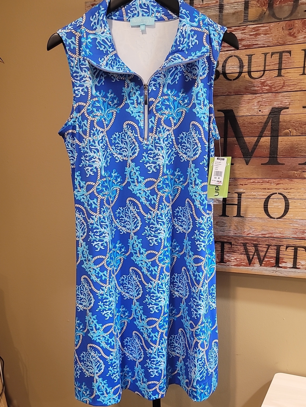 Girls Blue Sleeveless Print One-Piece Dress with Zip Collar